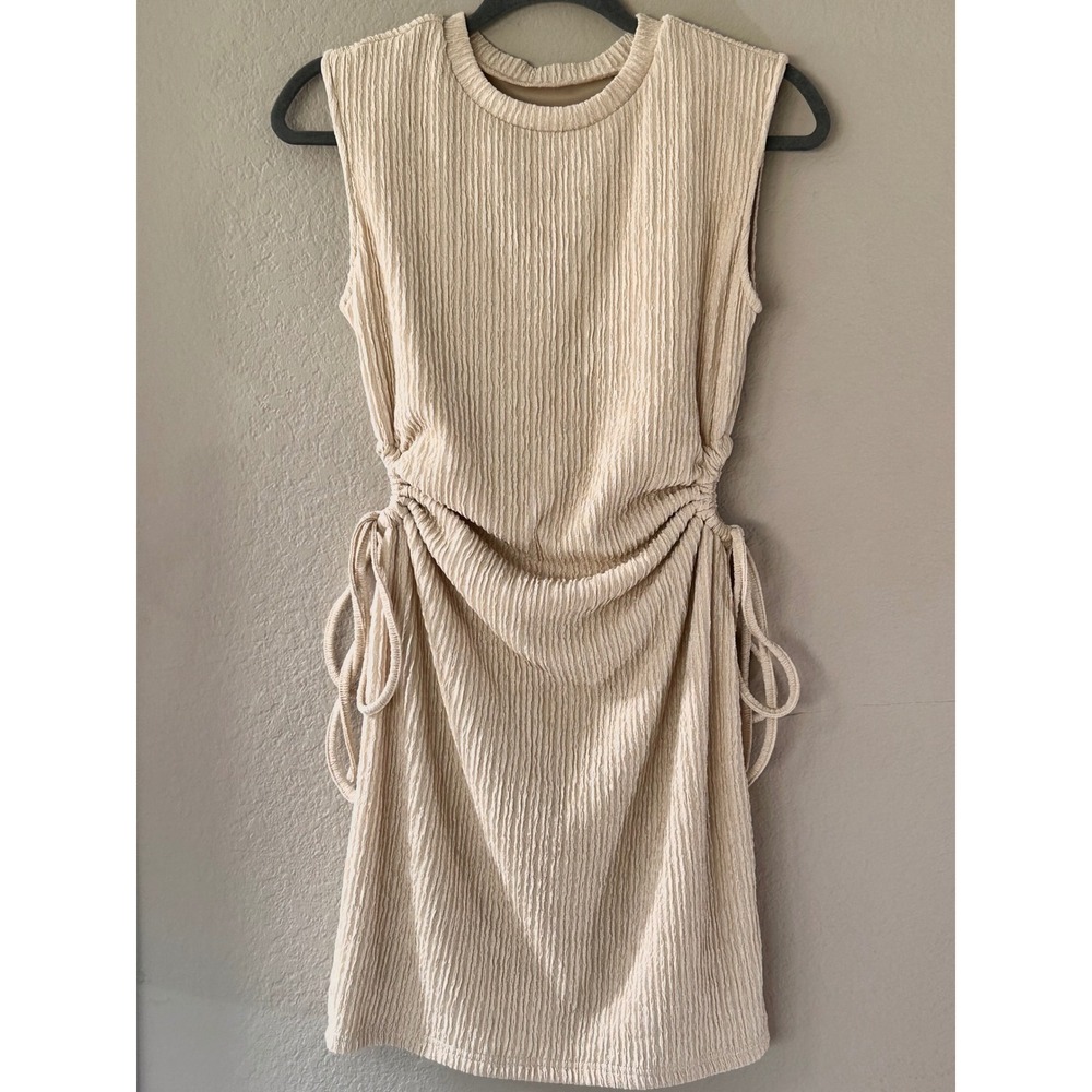 Sleeveless Textured Cut-Out Mini Dress Beige Ruched Side Tie Size S